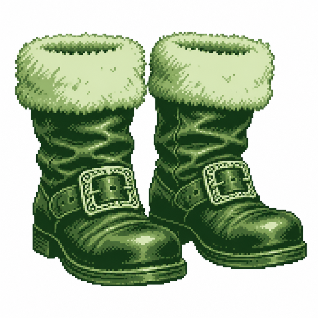 Realistic pair of Santa’s leather boots with creases, ornate buckles, and fluffy cuffs. White background