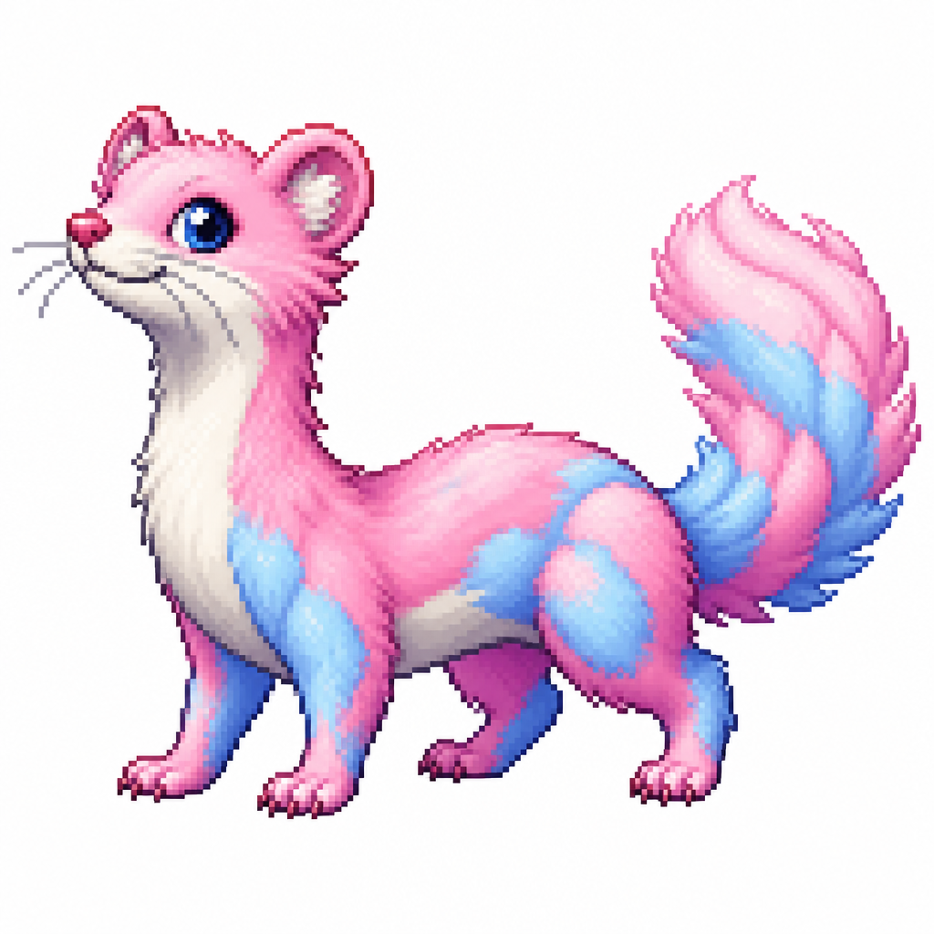 Cartoon cotton candy weasel (quadruped), full body, white background