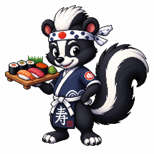 Cartoon sushi skunk, full body, white background
