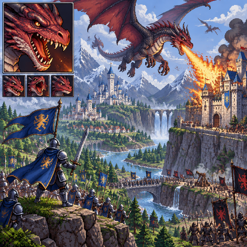 Dragon, flying on the sky, fire bolt, moutains, forest, river, waterfall, castles, kingdom, cliff, army, knight, flag, war
