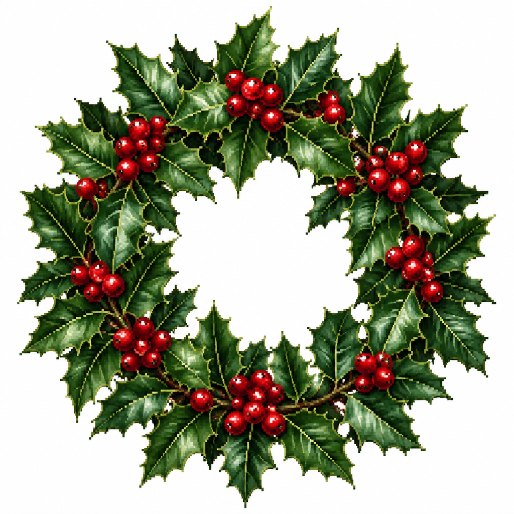 High contrast image on a white background. Realistic holly wreath serrated leaves and clustered glossy berries