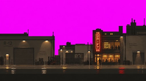 Pixel art city street at night with illuminated buildings and a magenta sky