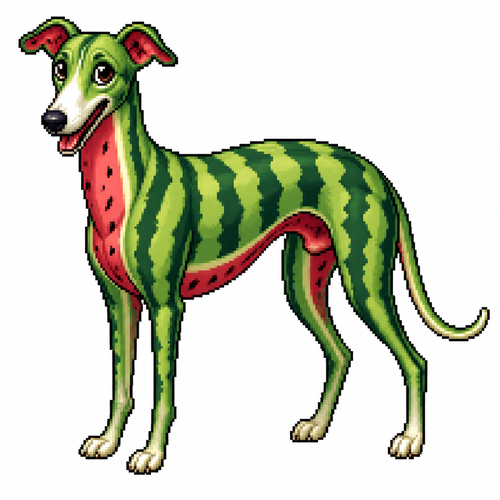 Cartoon watermelon greyhound, full body, white background