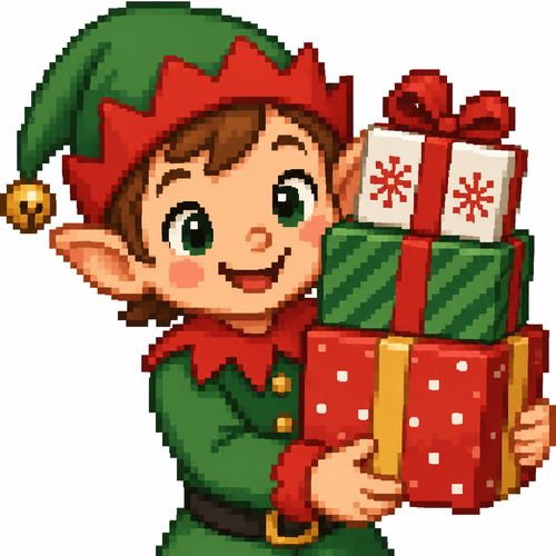 Close up of a Christmas elf holding three stacked presents. White background