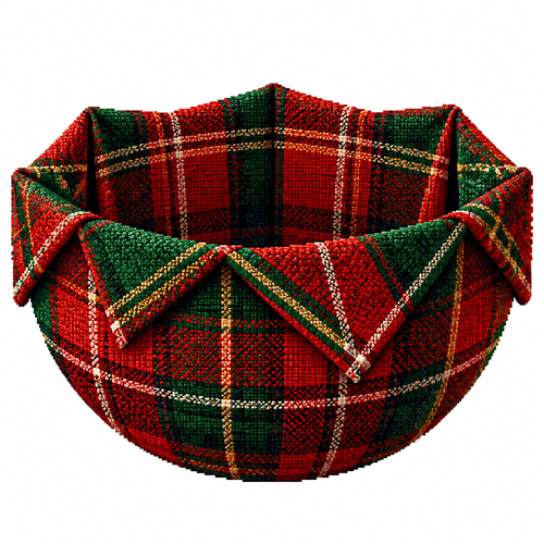 High contrast image on a white background of a large tartan Christmas bowl with sharply folded, fabric, and visible woven fibers