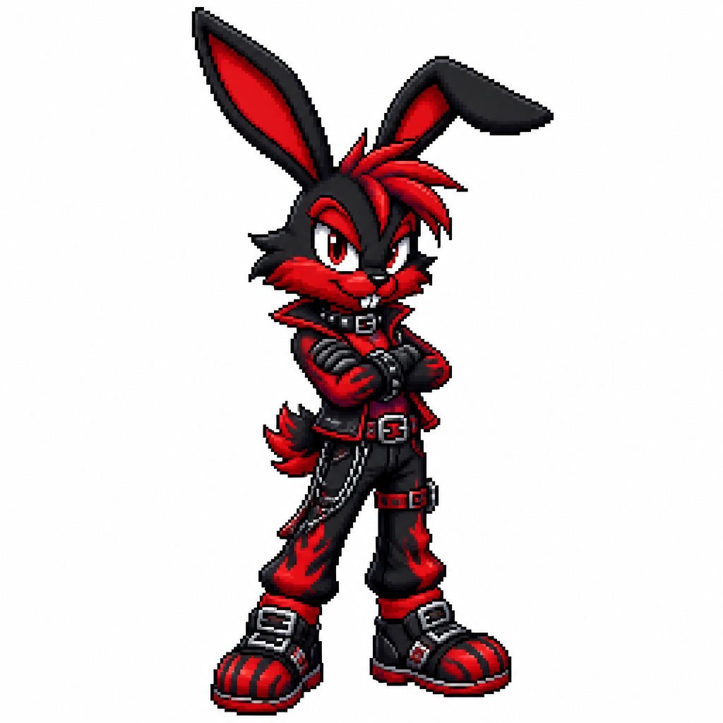 Black and red cartoon rabbit, full body, white background
