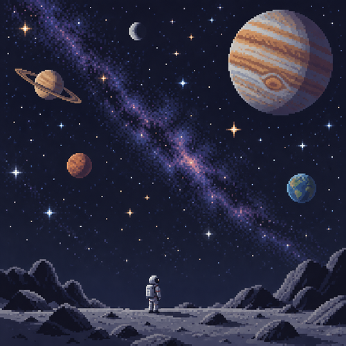 A young astronaut seen from a great distance looks up at planets and stars