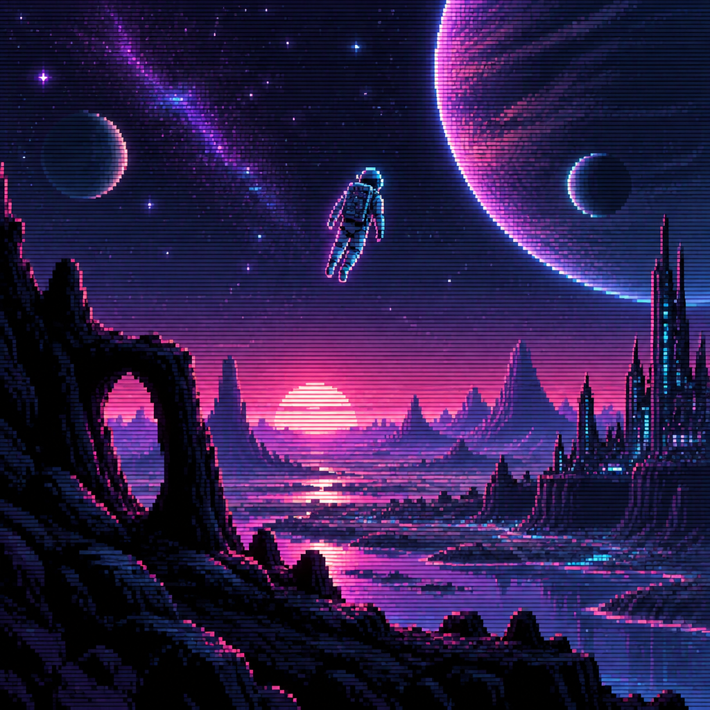 Astronaut floats above alien landscape from a distance