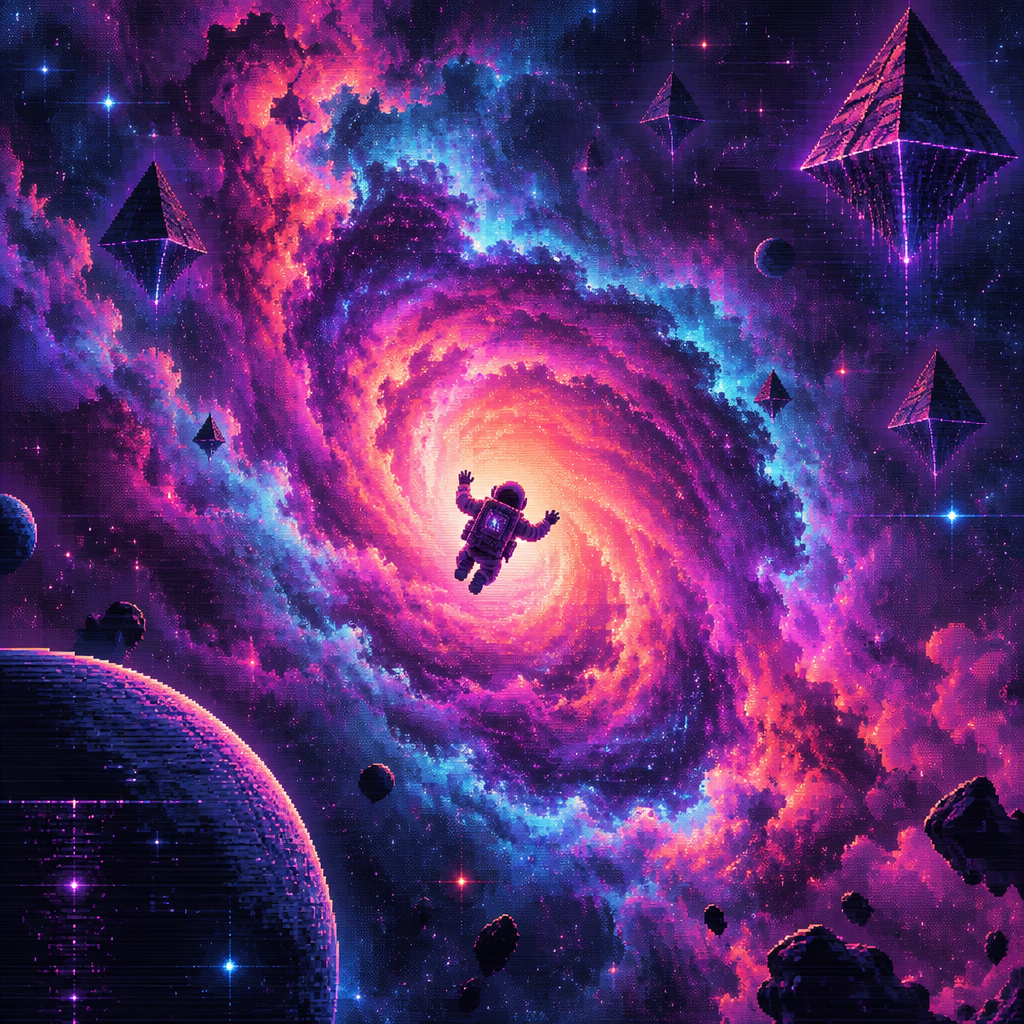 Seen from a distance, an astronaut is falling into a huge nebula. Center the astronaut in the nebula. Floating pyramids are in the distance