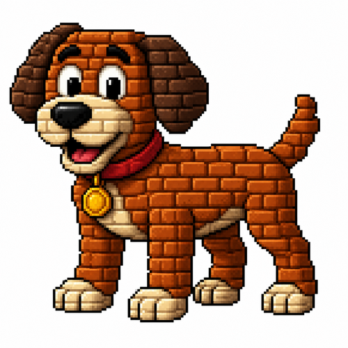 Cartoon brick dog (quadruped), full body, white background