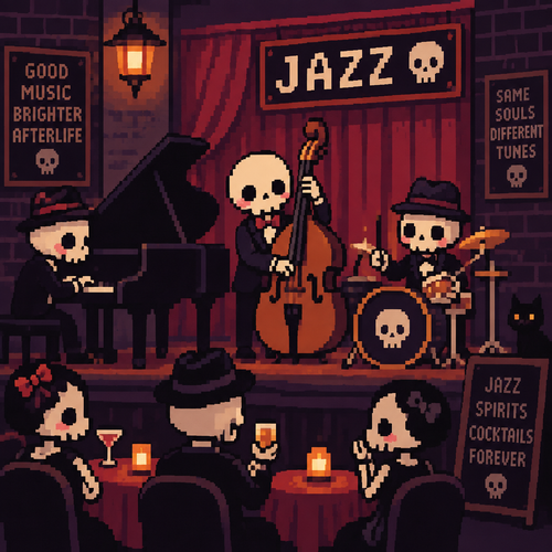 Cute spooky Kawaii skeleton jazz club