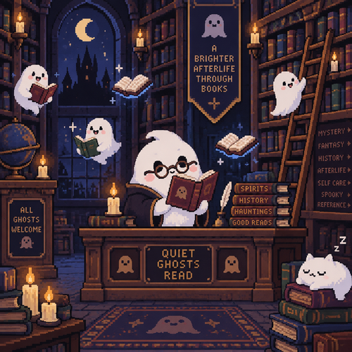 Cute Kawaii, ghost library with floating books, rolling ladders, candles, and a shit ghost librarian