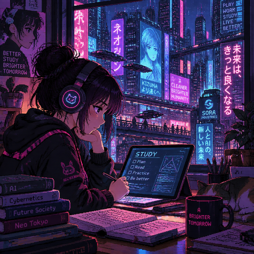 Young girl studies with a tablet in front of window showing neon signs and a busy city outside 