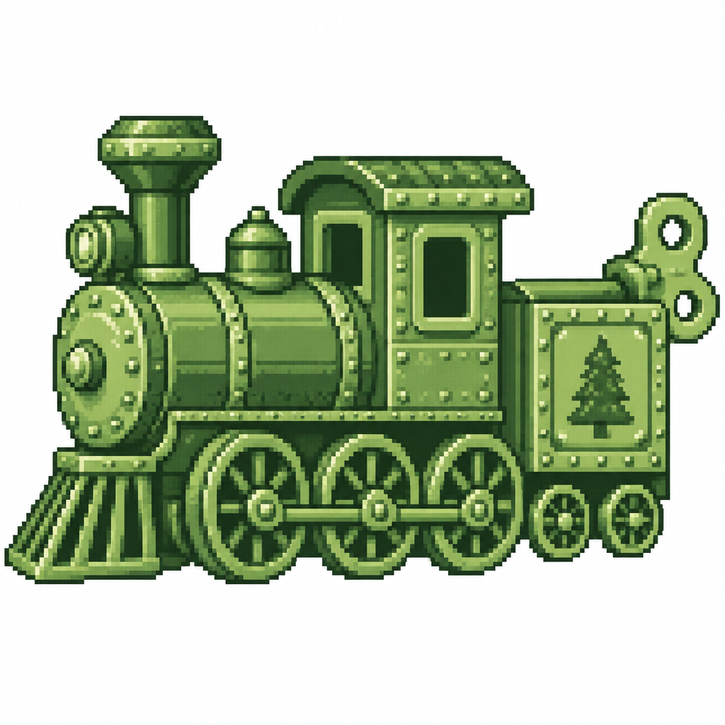 A wind-up Christmas toy train with riveted panels and embossed wheels.white background