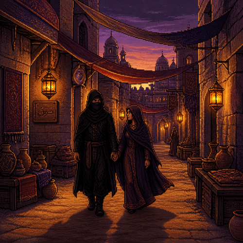 narrow desert marketplace alley at dusk, hanging lanterns casting warm amber glow, fabric awnings overhead, stone buildings on either side, man in a black hooded cloak with a simple black face wrap, only his eyes visible, walking hand in hand with a woman in a flowing dark cloak through the quiet empty market, long shadows stretching across the sandy ground, deep purple sky fading into warm dusk tones, 16-bit pixel art, dithered shading, limited color palette, hard pixel edges, retro game aesthetic, cinematic framing
