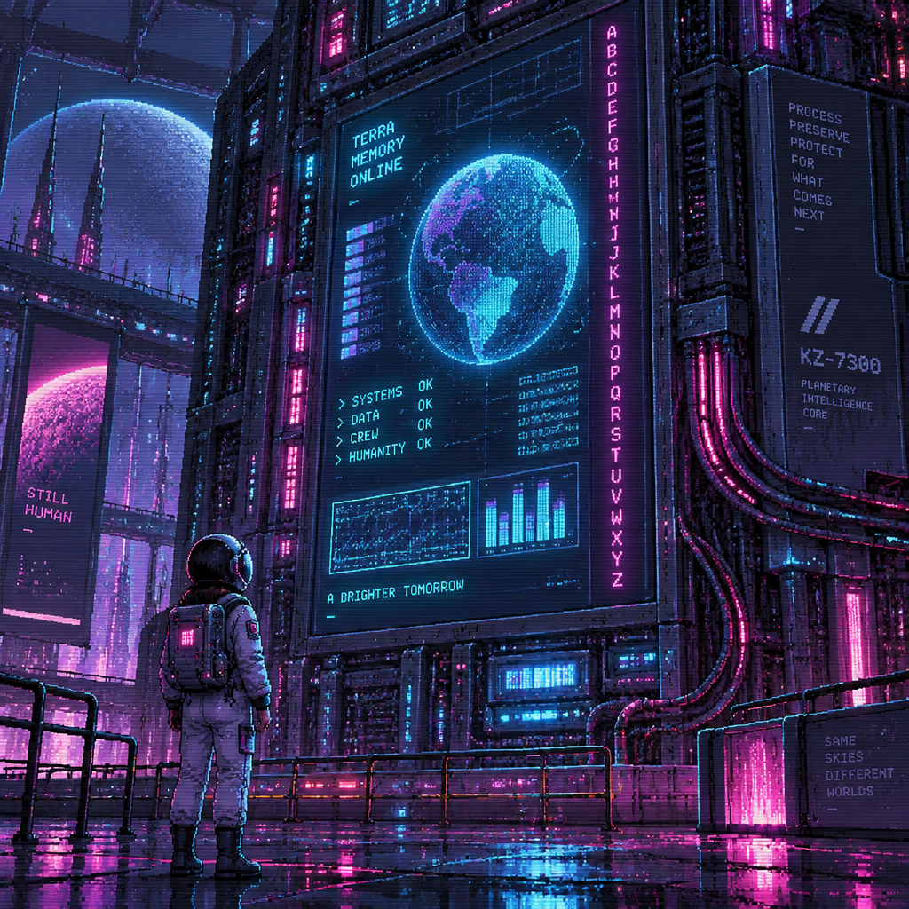 A young girl Astronaut stands in front of a huge computer the size of a house. She is calm
