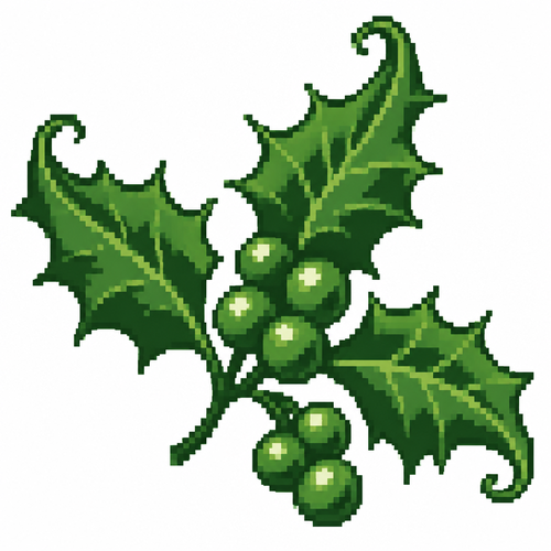 A holly sprig with curled serrated leaves and glossy berry clusters. White background.