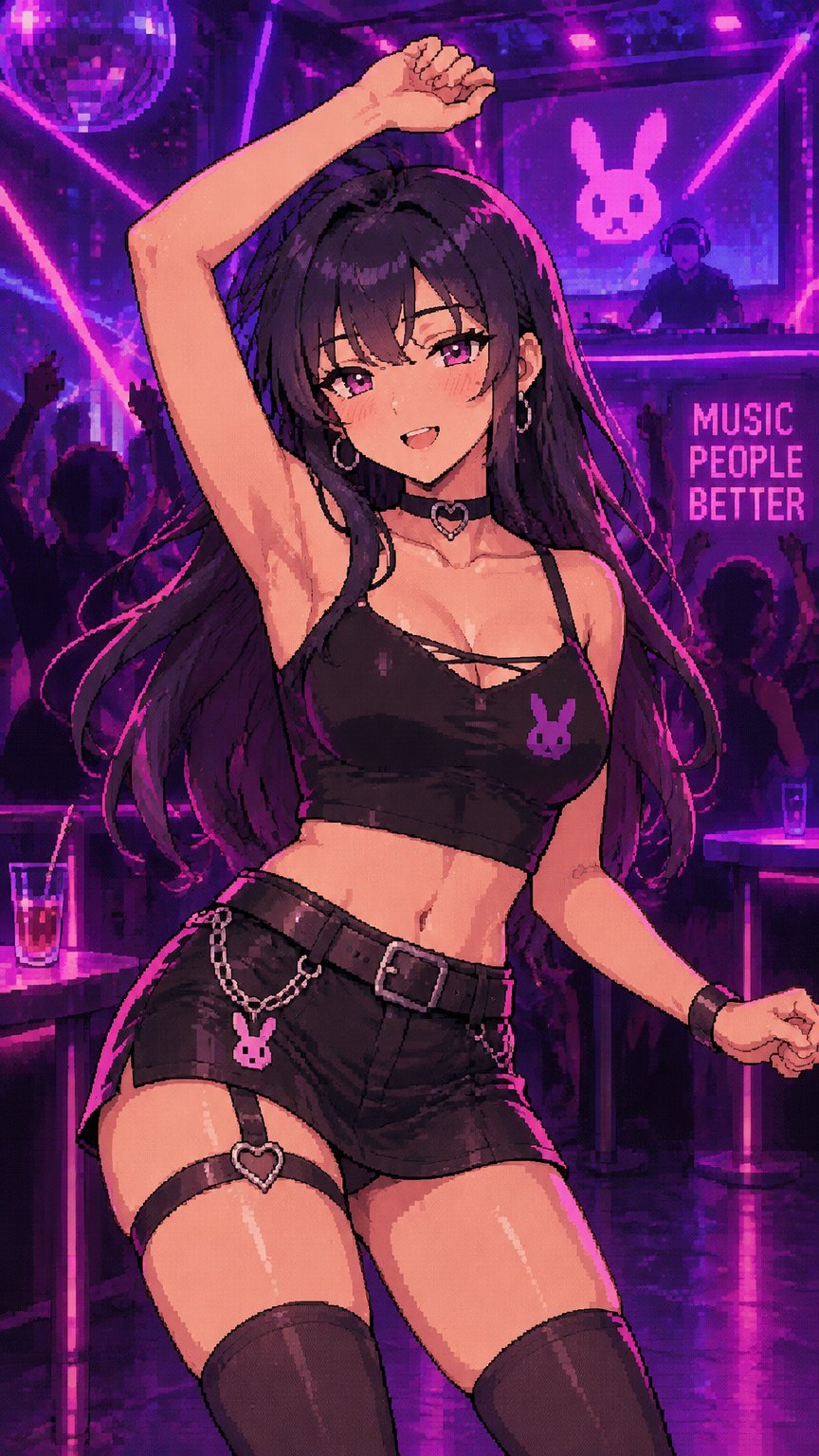 The woman dances rhythmically to electronic music, moving her hips and shoulders naturally, raising one arm and gently moving her head. Her long hair moves with the rhythm. Purple and pink nightclub lights flash and pulse in the background, laser beams move across the room, subtle camera movement, seamless looping animation, preserve the exact original character design and 16-bit pixel art style.
