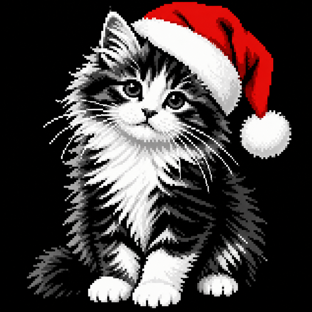 High contrast image of a long haired kitten wearing a softly folded Santa hat