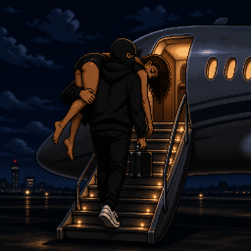 nighttime scene, man in black clothing and a black hoodie, wearing a plain black balaclava-style mask covering his entire head and face, two simple round eye holes showing brown eyes, walking up illuminated boarding stairs onto a private jet, in a romantic way carrying his wife over one shoulder, wife is a tan woman with curly brown hair, she is wearing a black dress and no shoes, he has a small case in one hand, white sneakers, jet cabin door glowing warm amber light from inside, jet exterior dark grey with visible windows, illuminated boarding steps, deep navy night sky with scattered clouds, moody cinematic lighting, tarmac visible below, 16-bit pixel art, dithered shading, limited color palette, hard pixel edges, retro game aesthetic, cinematic framing