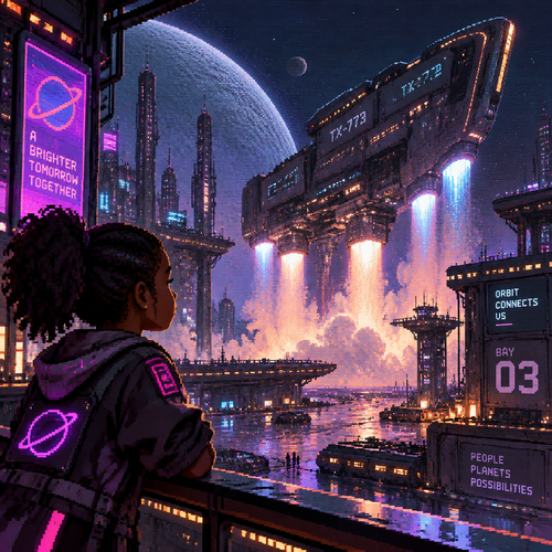 Young girl with dark skin watches a huge starship take off from the space port