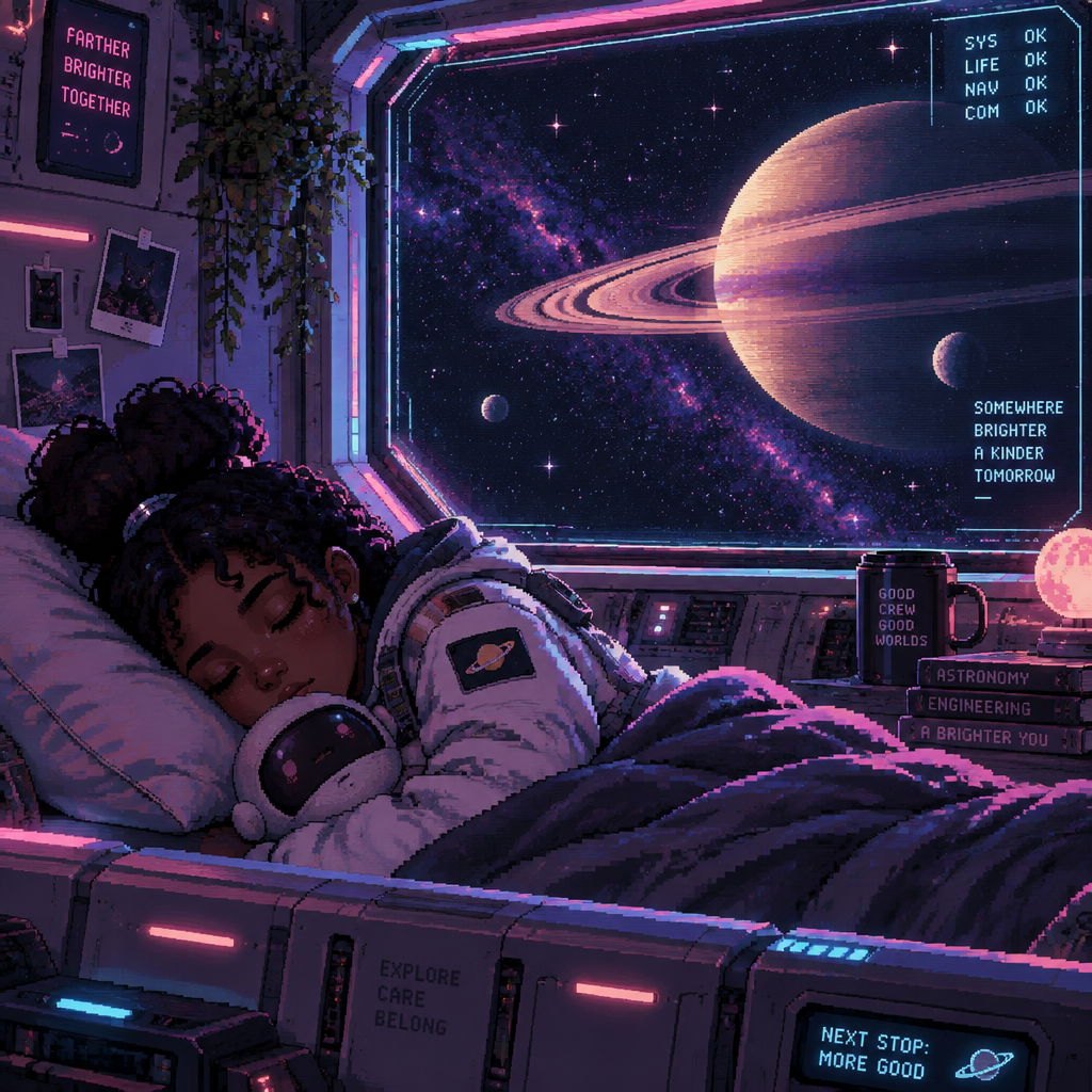 Young girl astronaut with dark skin sleeps on a ship with Saturn and stars visible through the big window behind her