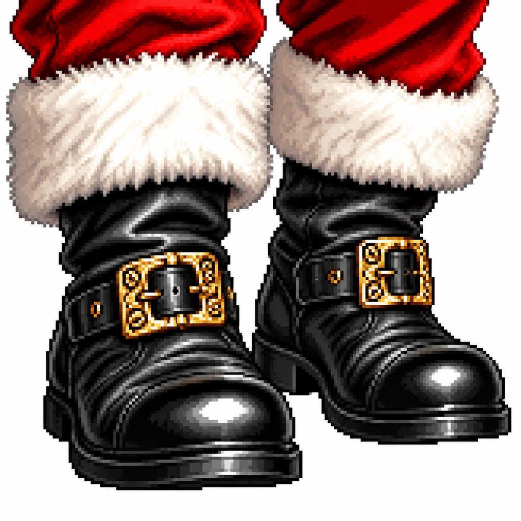 Close up of a pair of Santa’s boots with creases, ornate buckles and fluffy cuffs. High contrast. White background