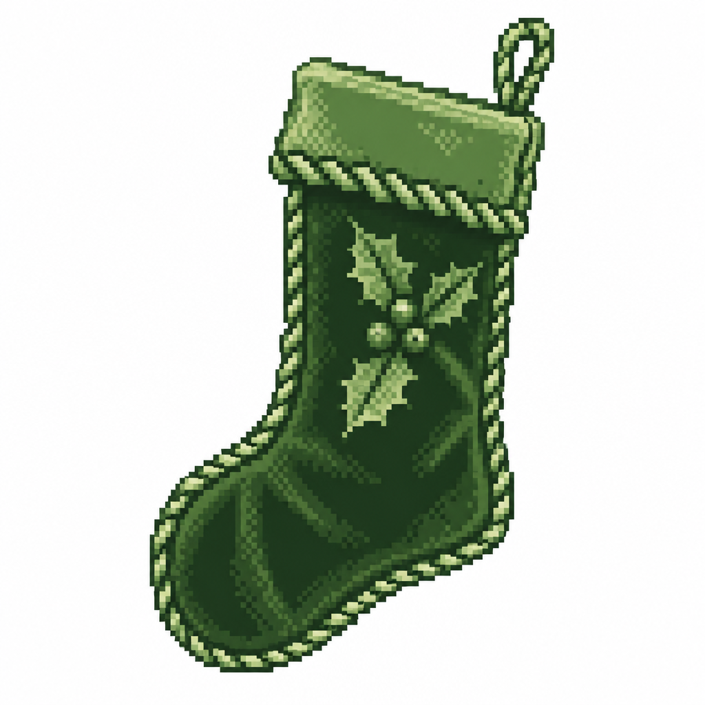 A velvet Christmas stocking with embroidered holly and braided edge trim. White background