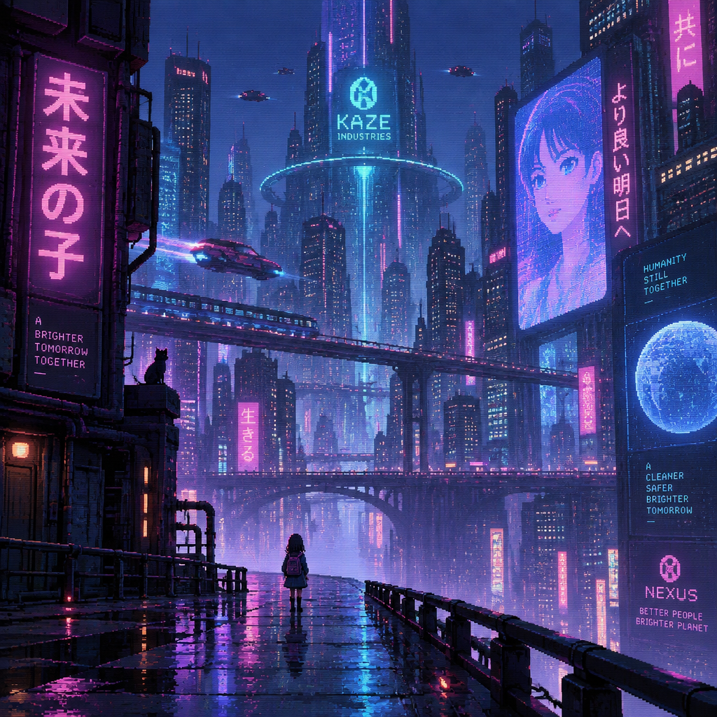 A small girl walks in a huge future city from a distance