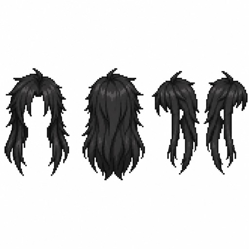 MAke long androgynous black subtly spikes hair for sprites. I need a front back and side for it. Only the hair, no face or anything.