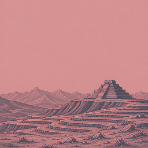 retro pixel art style, dusty rose and slate palette only (2-3 tones maximum), a stepped stone
pyramid on a high arid plateau, distant mountain ridgeline, dry terraced earth in the
foreground, no water, empty of people and animals, wide open sky for overlay, no text
