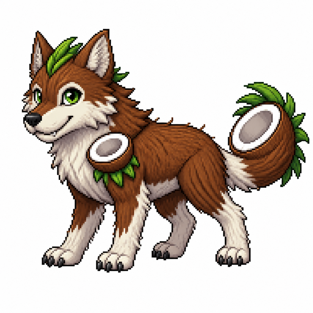Cartoon coconut wolf (quadruped), full body, white background