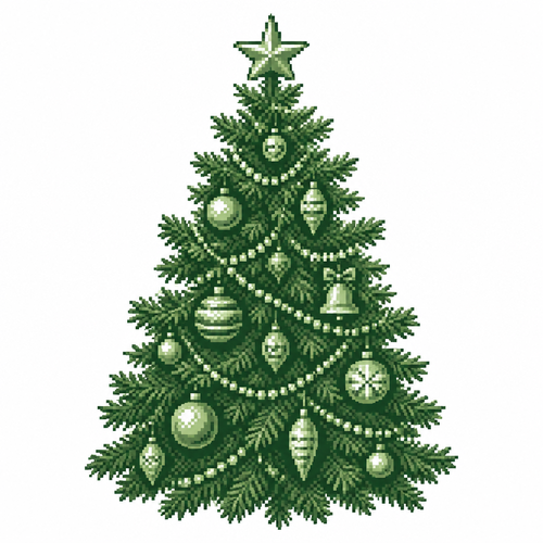 White background. single decorated fir tree with detailed needles, realistic ornaments, and no surrounding props
