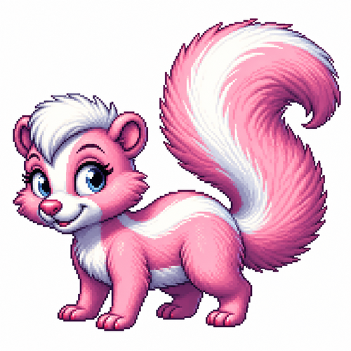 Cartoon cotton candy skunk (quadruped), full body, white background