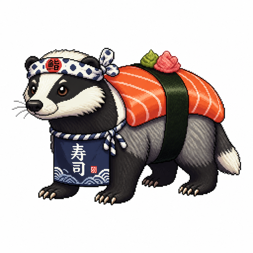 Cartoon sushi badger (quadruped), full body, white background