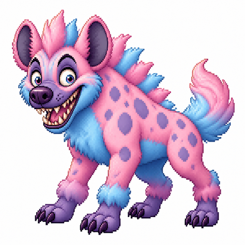 Cartoon cotton candy hyena, full body, white background