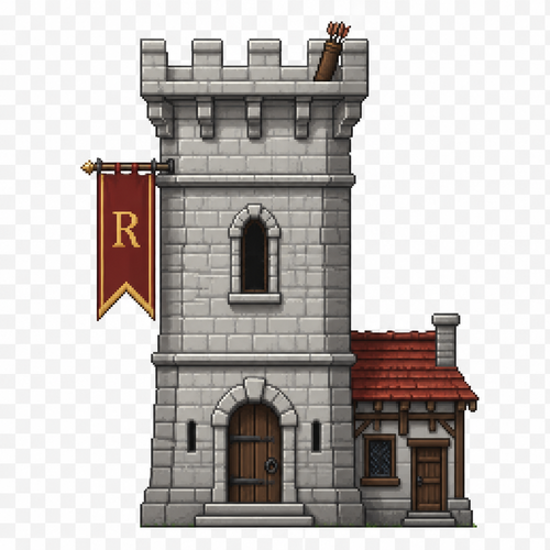Can you generate me a fantasy style medieval 64x64 pixeled tower front view on a completely transparent background. I want the tower to be clean stone. I want a red flag with gold trim with a gold  “R” on it hanging on the left side. I also want a small house section connected to the The outside. I want the top to have a little quiver leaning up over the edge like archers are on it