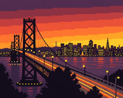 Pixel art of an illuminated suspension bridge over water at sunset with a city skyline.