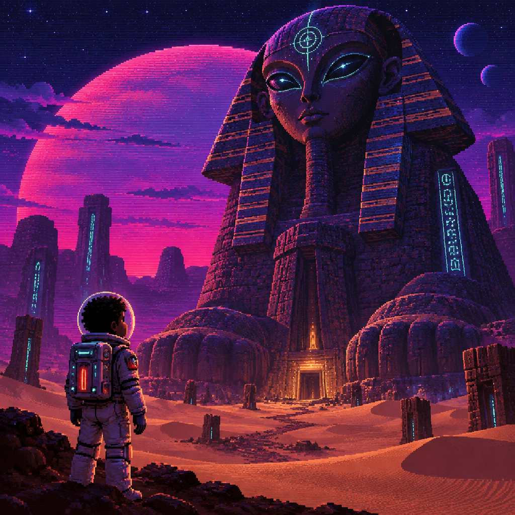 A young teen astronaut with brown skin is looking up at a huge alien sphinx statue in the desert