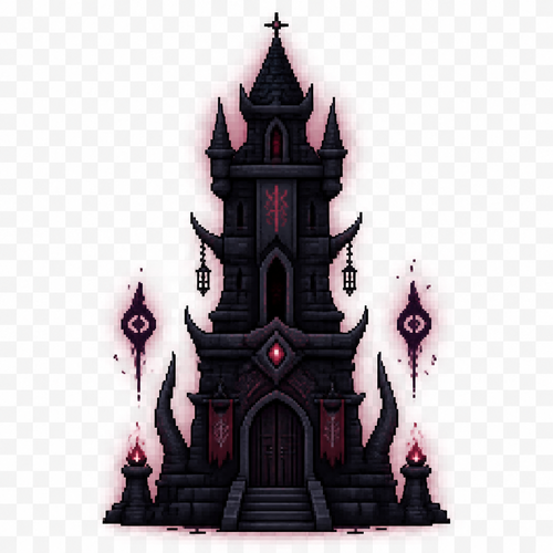 Can you generate me a fantasy style medieval 64x64 pixeled dark wizard tower front view on a completely transparent background. I want the tower to be dark stone with a very subtle dark red hue aura around it. I want some dark magical decorations around it. 