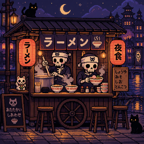 Cute spooky Kawaii midnight Ramen cart. Two skeleton cook, serving steaming bowls beneath paper lanterns.
