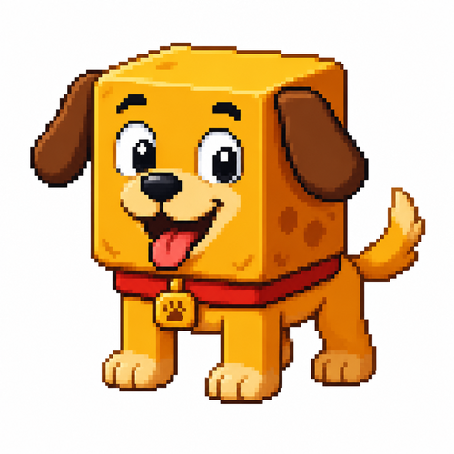 Cartoon cube dog, full body, white background