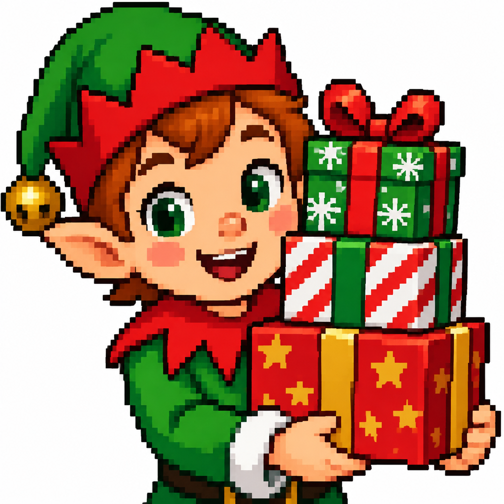 Close up of a Christmas elf holding three stacked presents.
White background high contrast