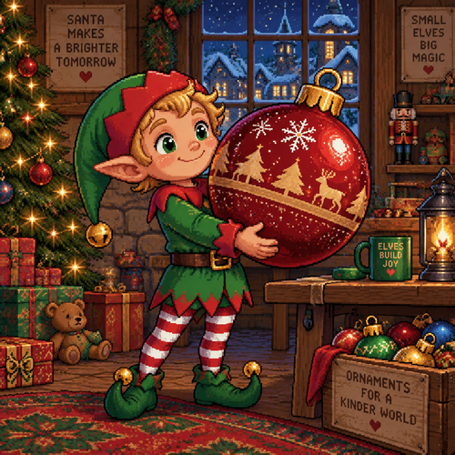 Christmas elf holding a giant Christmas tree ornament 