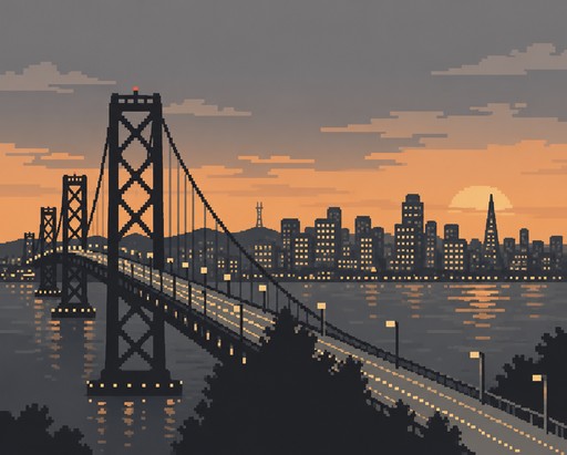 Pixel art suspension bridge over water at sunset, with city skyline and golden lights.