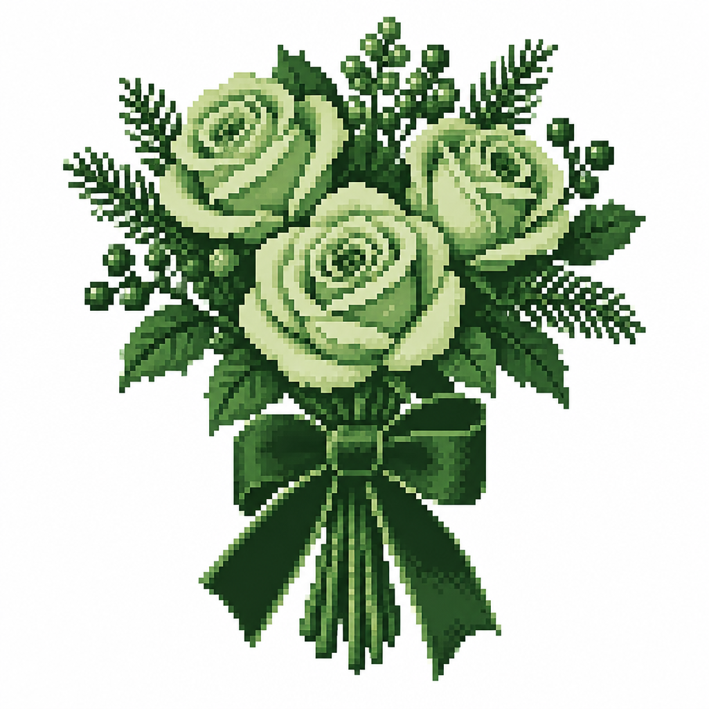 A compact winter rose bouquet bound with one broad velvet ribbon. White background.