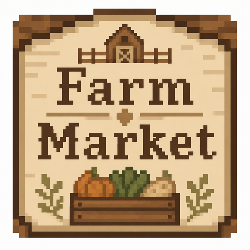 32x32 square that says Farm Market in beige, brown, neutral colors 