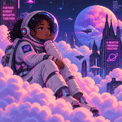 Create an image of a young tern girl astronaut with brown skin sitting in the clouds 