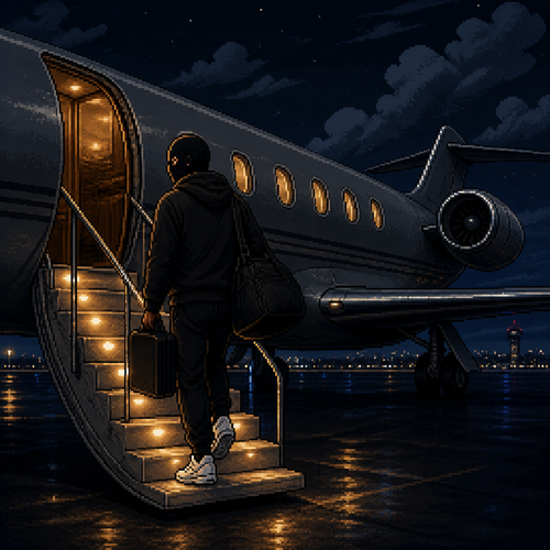 nighttime scene, man in black clothing and a black hoodie, wearing a plain black balaclava-style mask covering his entire head and face, two simple round eye holes showing brown eyes, walking up illuminated boarding stairs onto a private jet, carrying a duffel bag over one shoulder and a small case in one hand, white sneakers, jet cabin door glowing warm amber light from inside, jet exterior dark grey with visible windows, illuminated boarding steps, deep navy night sky with scattered clouds, moody cinematic lighting, tarmac visible below, 16-bit pixel art, dithered shading, limited color palette, hard pixel edges, retro game aesthetic, cinematic framing