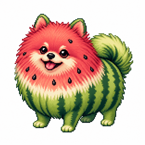 Cartoon watermelon pomeranian, full body, white background